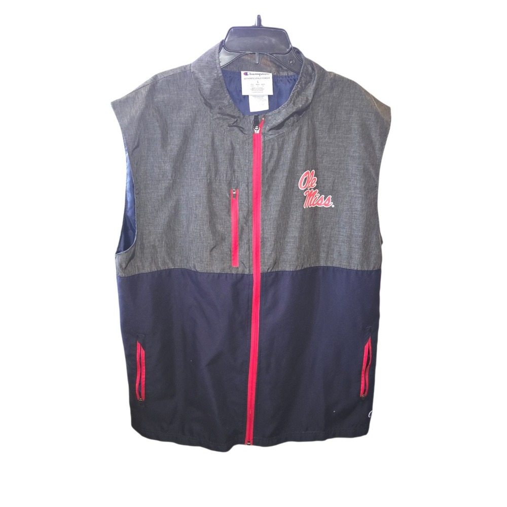 Champion Ole Miss Rebels Vest Mens Size Large Gray Navy Nylon Poly Full Zip NCAA